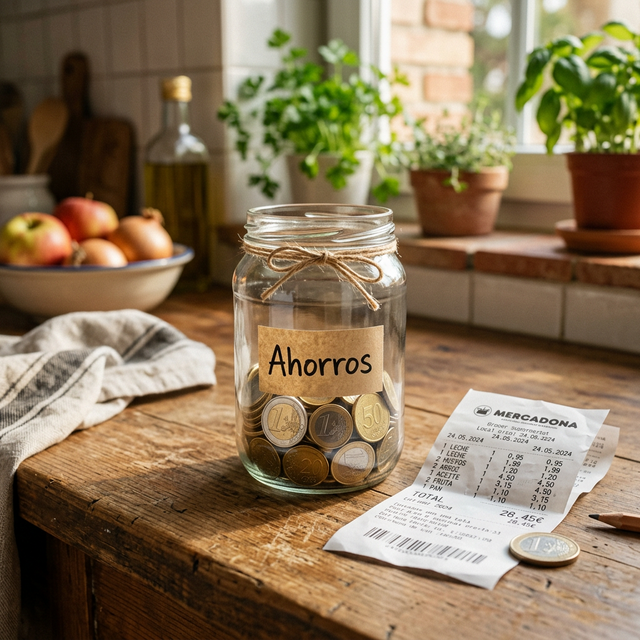 Hucha con monedas y sueldo modesto
