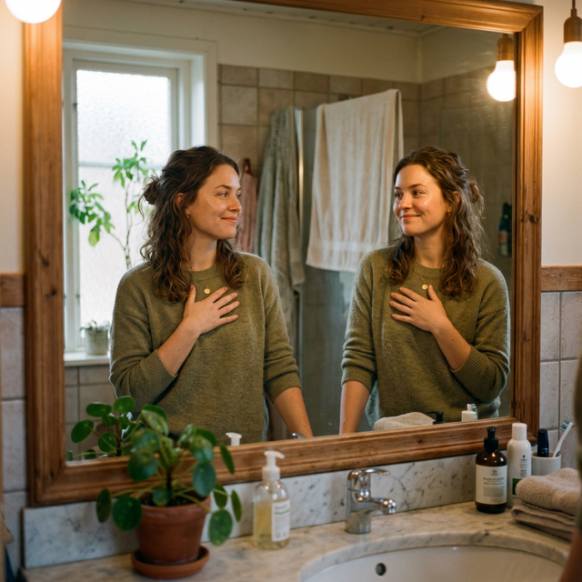 Persona mirándose con confianza en el espejo