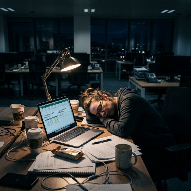 Persona agotada en su escritorio