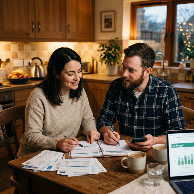 Pareja hablando de finanzas con calma