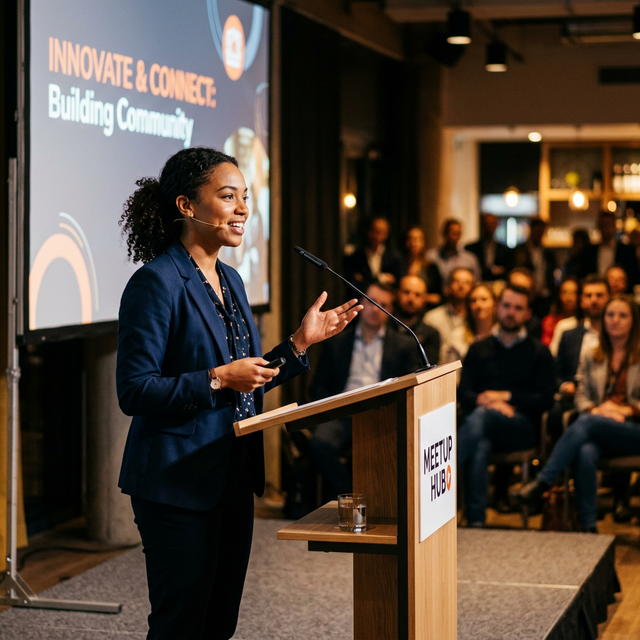 Persona hablando ante un público con confianza