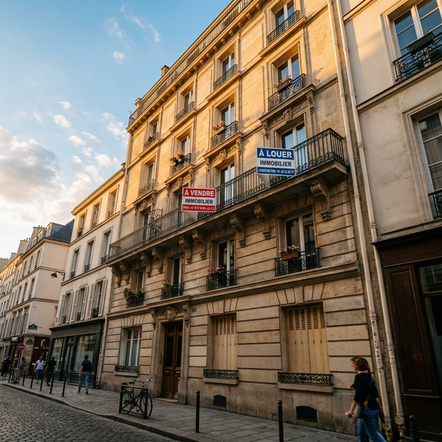 Edificio con cartel de se alquila y calculadora