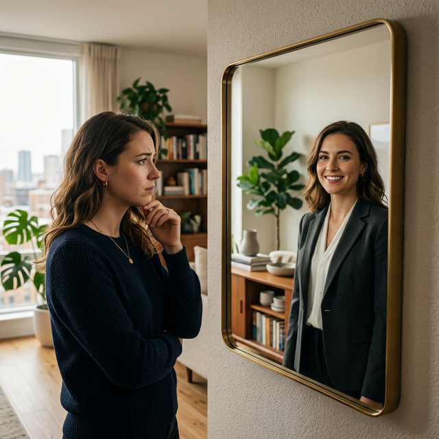 Persona con máscara mirándose al espejo