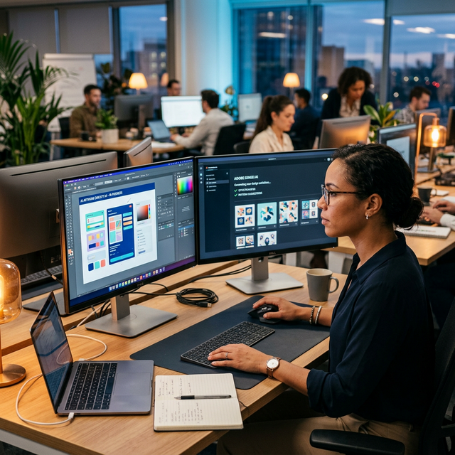 Persona colaborando con una IA en un portátil