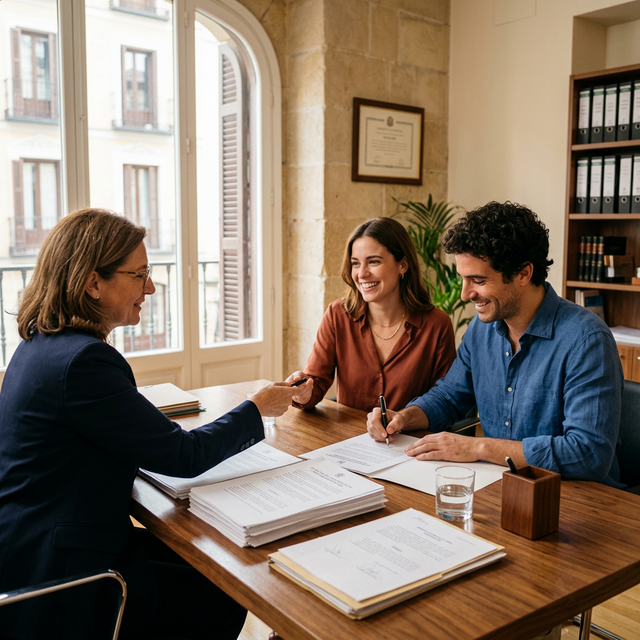 Pareja firmando hipoteca en notar�a espa�ola