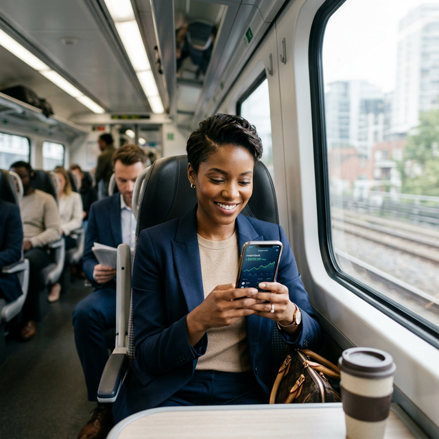 Mujer revisando inversiones desde el móvil en el tren