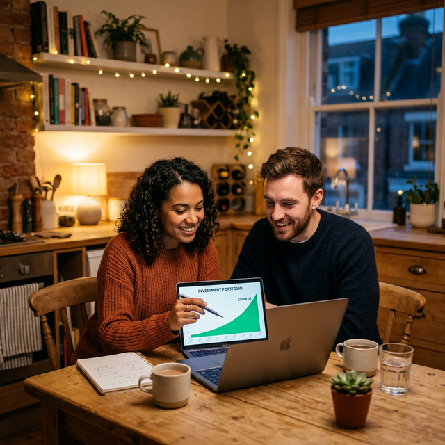 Pareja joven revisando portfolio de inversi�n en port�til