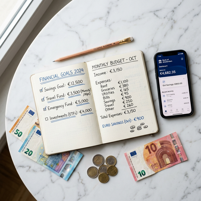 Cuaderno con objetivos financieros y billetes de euro