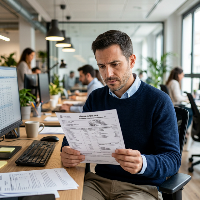 Oficinista analizando su payslip mensual