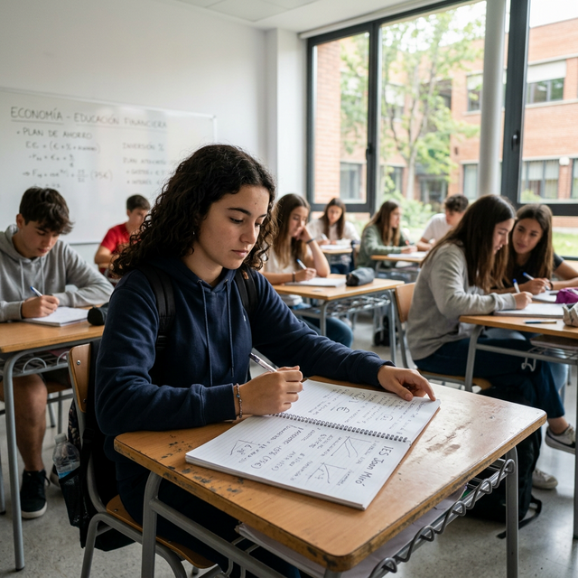 Estudiante en aula con apuntes de finanzas personales