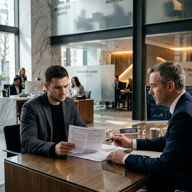 Joven revisando documento bancario con escepticismo