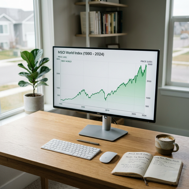 Monitor de escritorio mostrando gráfica de fondo indexado MSCI World
