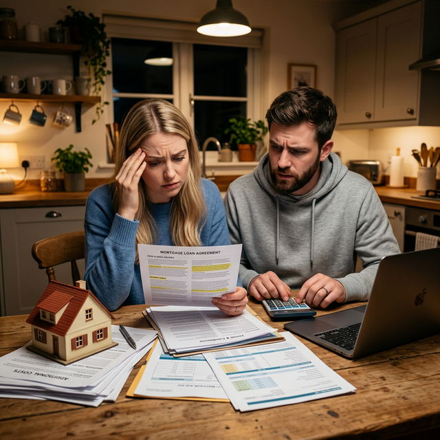 Pareja joven revisando documentos de hipoteca en la cocina
