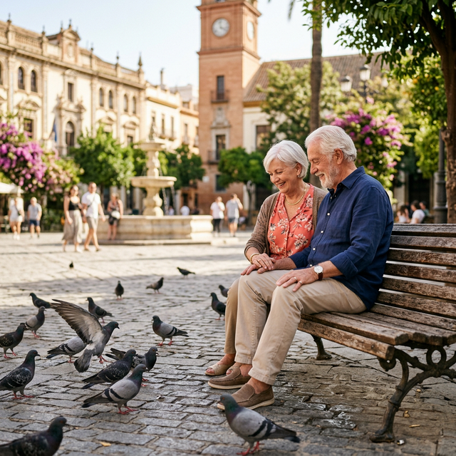 Pareja mayor disfrutando en plaza mediterránea