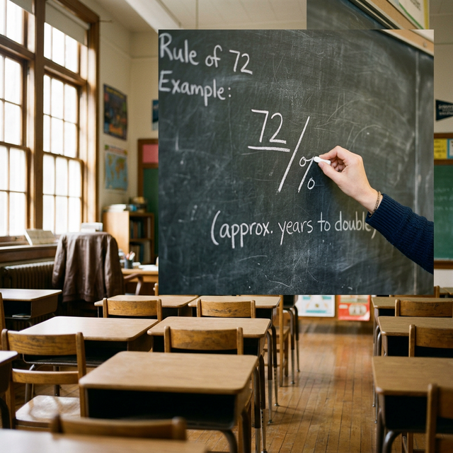 Pizarra de clase con fórmula de la regla del 72