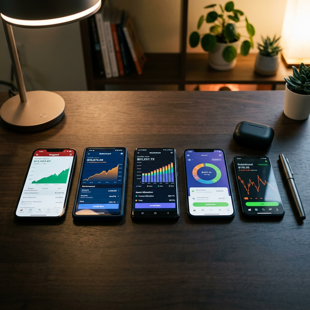 Múltiples smartphones con apps de inversión sobre escritorio oscuro