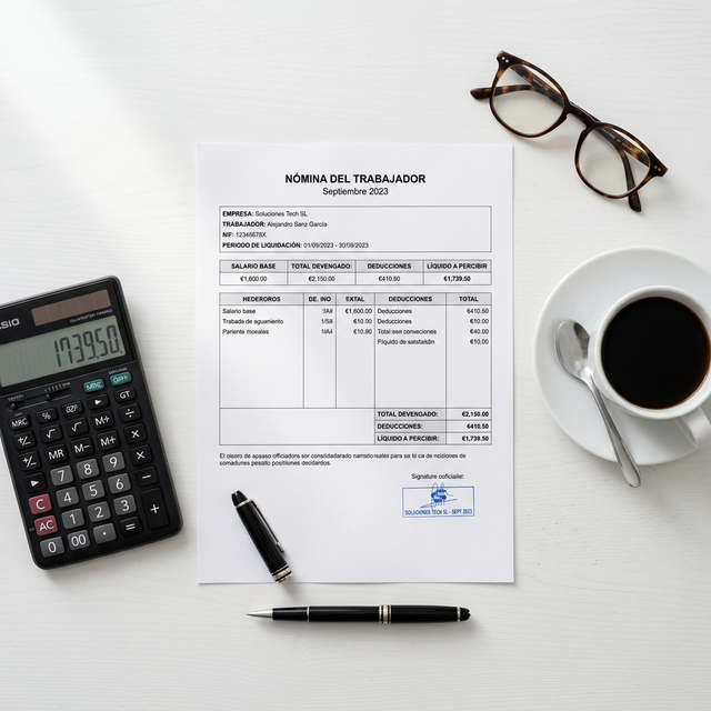 N�mina espa�ola con calculadora y taza de caf�