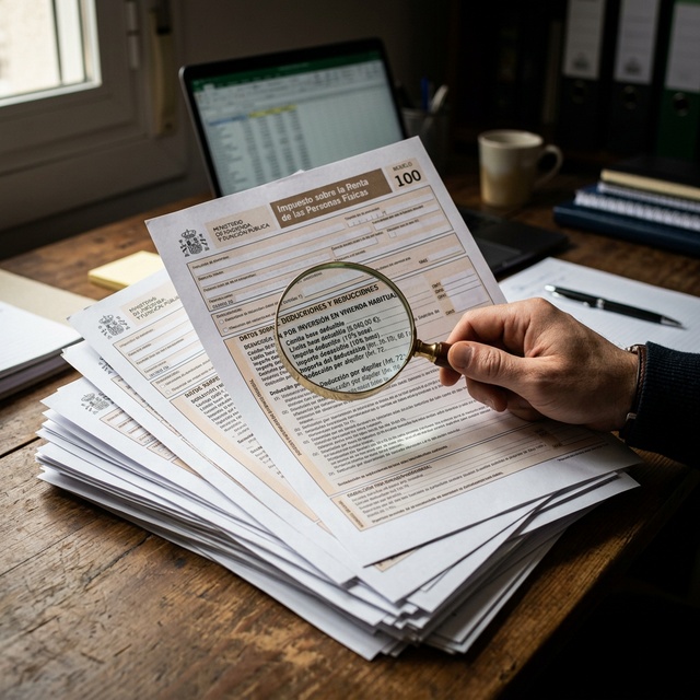 Formularios fiscales españoles con lupa sobre la letra pequeña